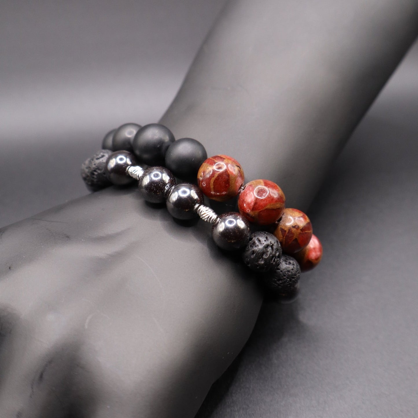 Ember Path Bracelet – Red Cloisonné, Lava Stone & Hematite