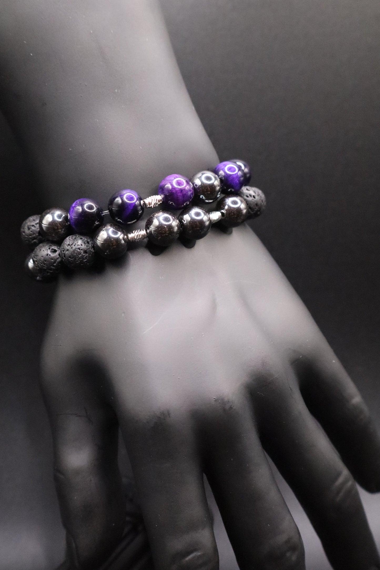 Midnight Crown Bracelet – Purple Tiger Eye, Lava Stone & Hematite