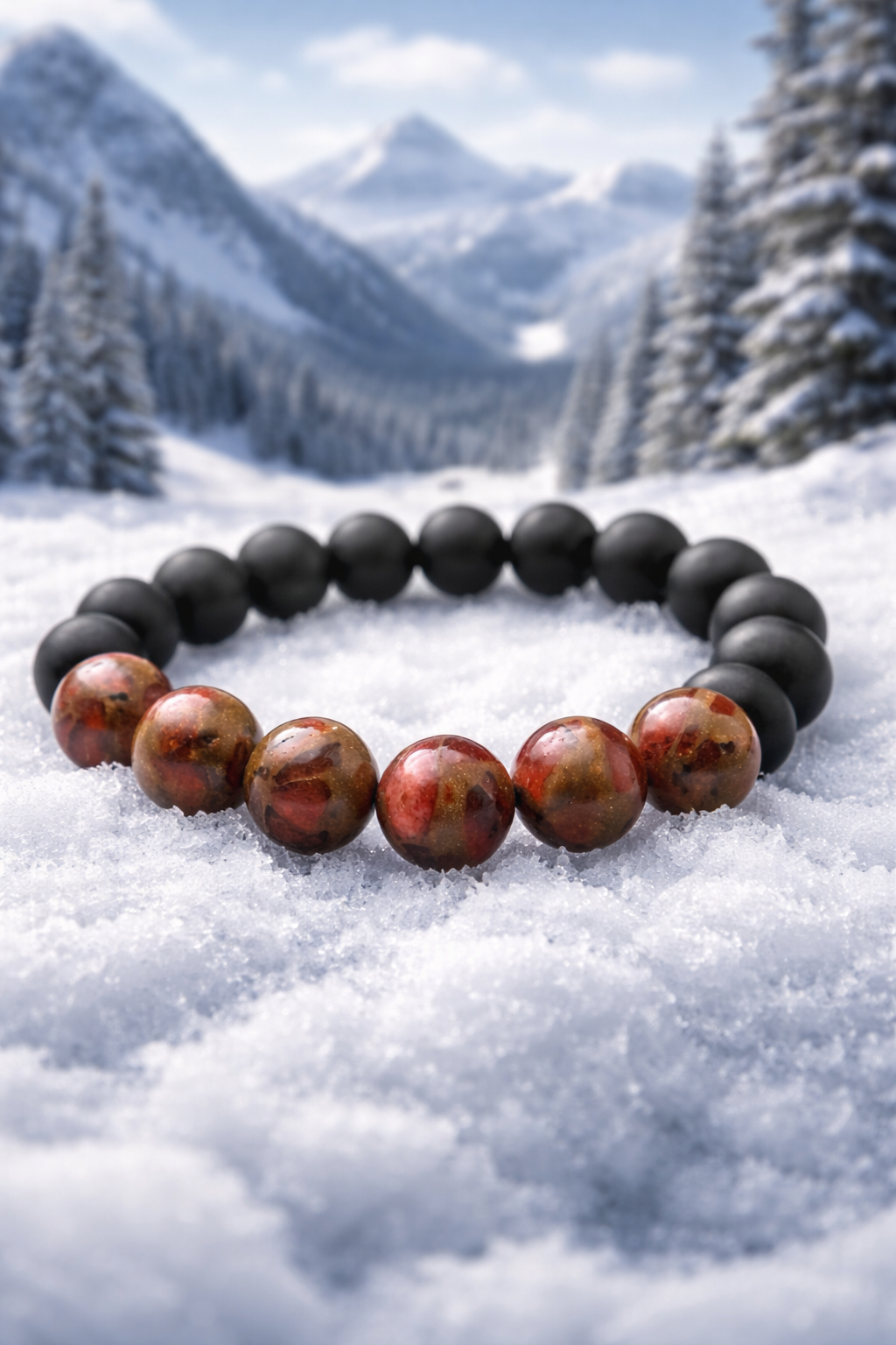 Red Cloisonné & Matte Black Onyx Beaded Bracelet