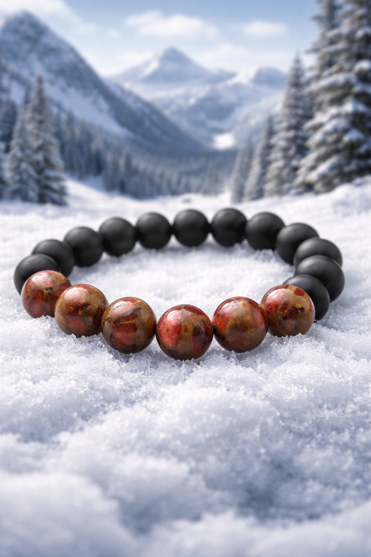 Red Cloisonné & Matte Black Onyx Beaded Bracelet