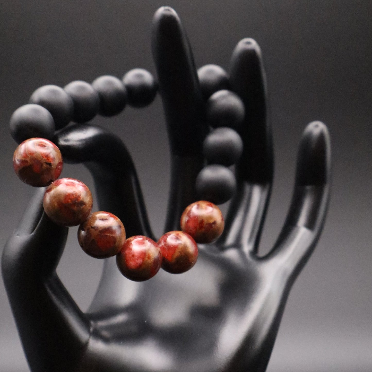 Red Cloisonné & Matte Black Onyx Beaded Bracelet