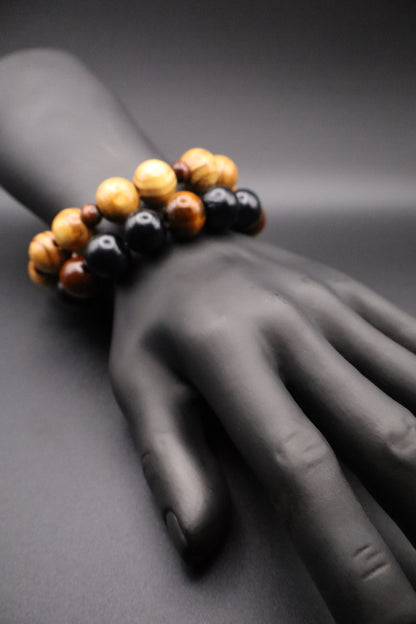 Roots & Rhythm Bracelet – Black, Gold & Brown Wooden Beads