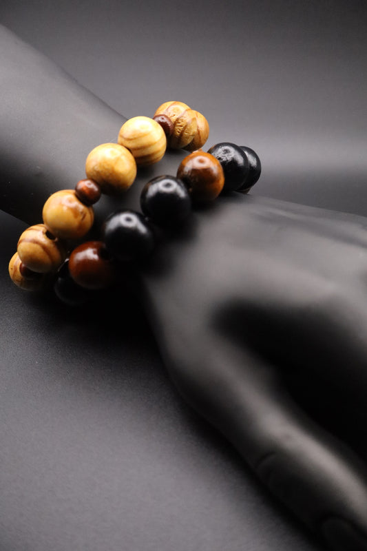 Roots & Rhythm Bracelet – Black, Gold & Brown Wooden Beads