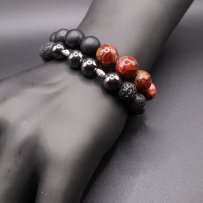 Ember Path Bracelet – Red Cloisonné, Lava Stone & Hematite