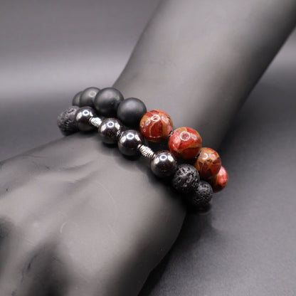 Ember Path Bracelet – Red Cloisonné, Lava Stone & Hematite
