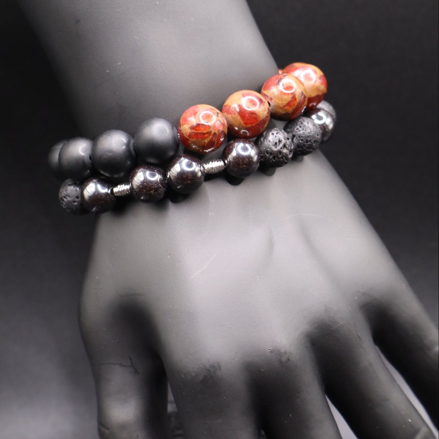 Ember Path Bracelet – Red Cloisonné, Lava Stone & Hematite