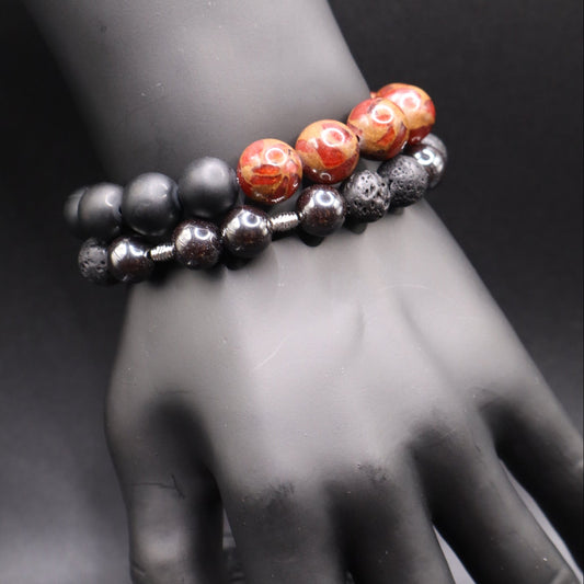 Ember Path Bracelet – Red Cloisonné, Lava Stone & Hematite