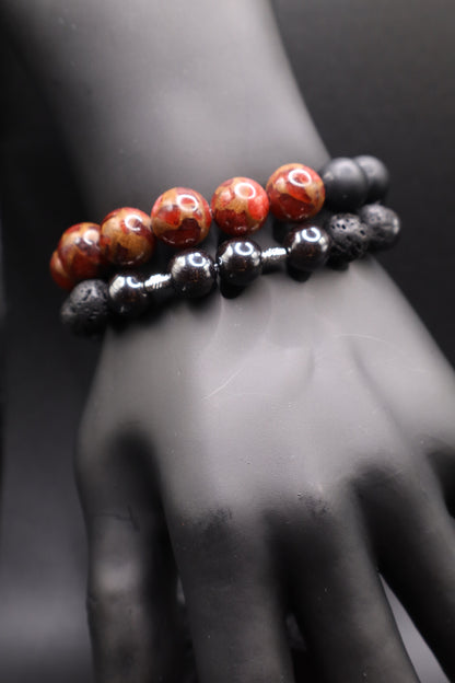 Ember Path Bracelet – Red Cloisonné, Lava Stone & Hematite