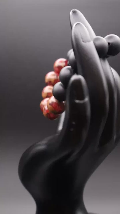 Red Cloisonné & Matte Black Onyx Beaded Bracelet